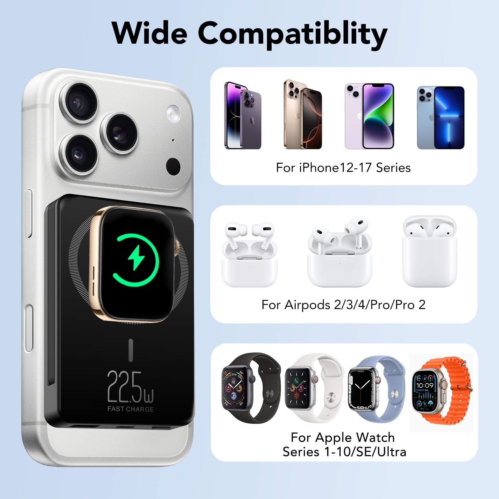 Magnetic Portable Charger with Built-in-Cable, iWatch Charger, 10000mAh Power Bank with Display, Foldable Stand, 22.5W Fast Charging Travel Battery Pack Compatible with iPhone and Apple Watch